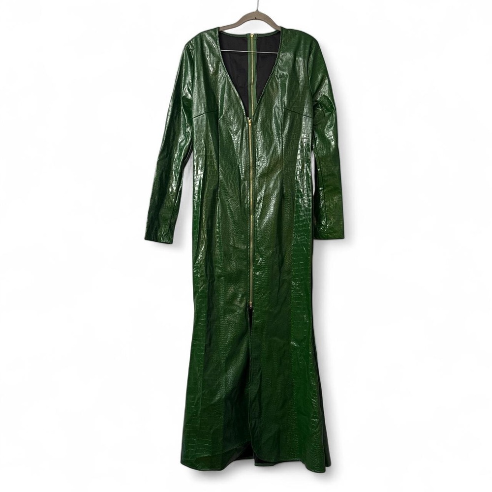 Women's Green Long Sleeve Faux Leather Snake Skin Maxi Dress